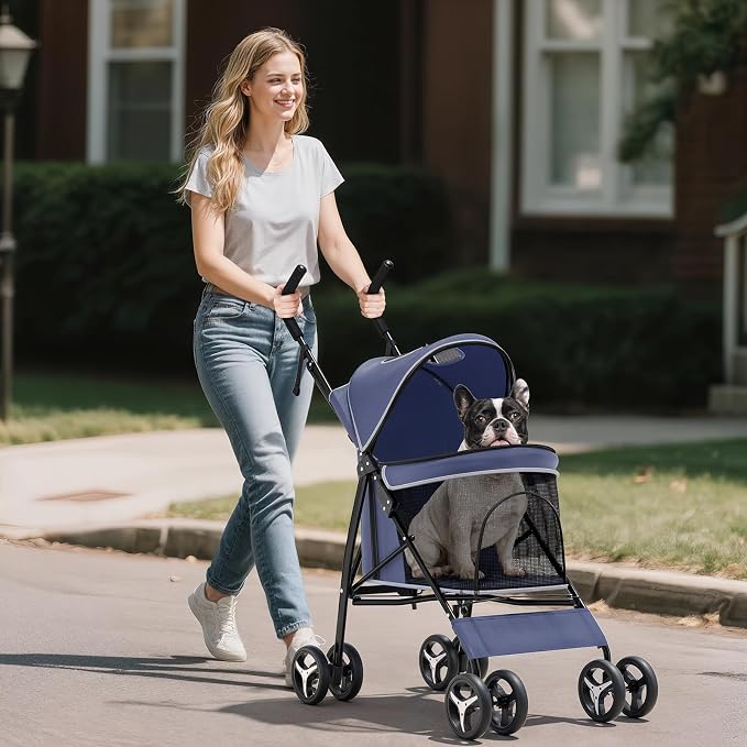 Small Dog Stroller for Small Dogs 10 lbs -22lbs Puppy Stroller Medium Dog Wagon Stroller Small Pet Stroller for Cats, Cat Strollers for 2 Cats, Rear Storage, Navy Blue