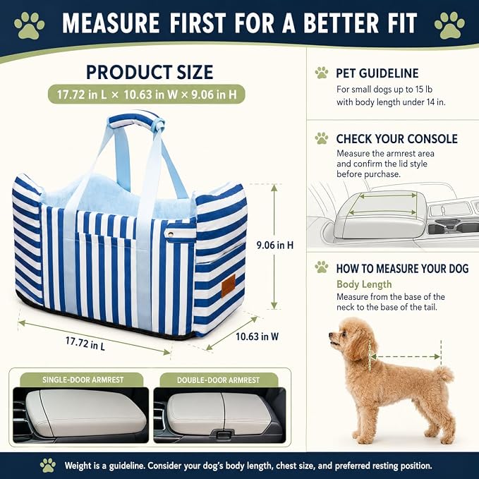 Console Dog Car Seat for Small Dogs to 15lbs (Blue& White Stripes) | Center Console Puppy Booster and Portable Travel Bed, Anti-Collapse Design with Washable Fluffy Cushion