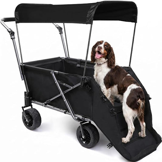 REDCAMP Folding Dog Wagon with Canopy, 110lbs Heavy Duty Pet Stroller | 17.3" Extendable Rear Ramp for 2 Medium Dogs, All-Terrain Dog Cart with Brakes & Push Handle for Senior Pet, Black