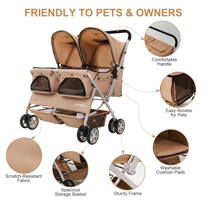 Double Pet Stroller for 2 Small Dogs & Cats, Side-by-Side Twin Travel Carriage with Safety Leashes, Mesh Windows & Double Storage Baskets, Lightweight & Foldable, 44lbs Capacity, Khaki