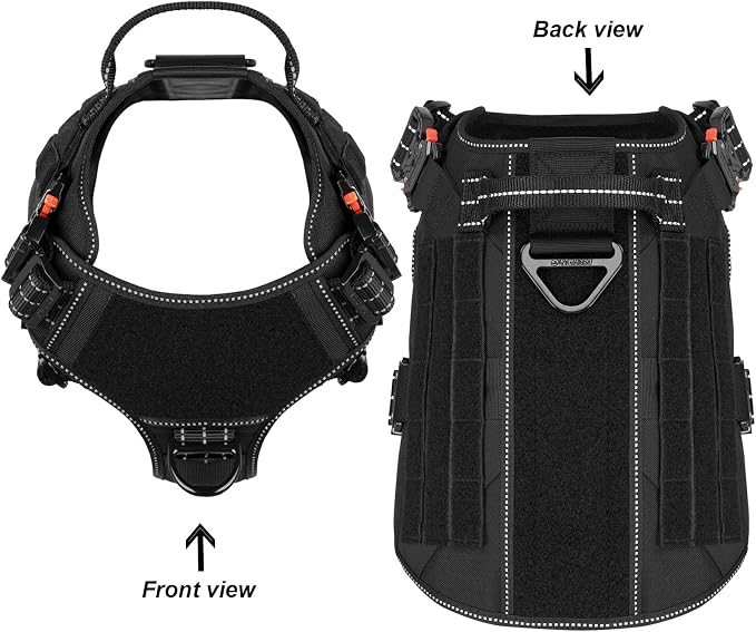ICEFANG Tactical Dog Harness for X-Large Dogs,Full Metal Buckles Dog Vest | with MOLLE, Reflective,Adjustable,2 Leash Clips,Control Handle,No Pull,Soft Padded,Black,X-Large