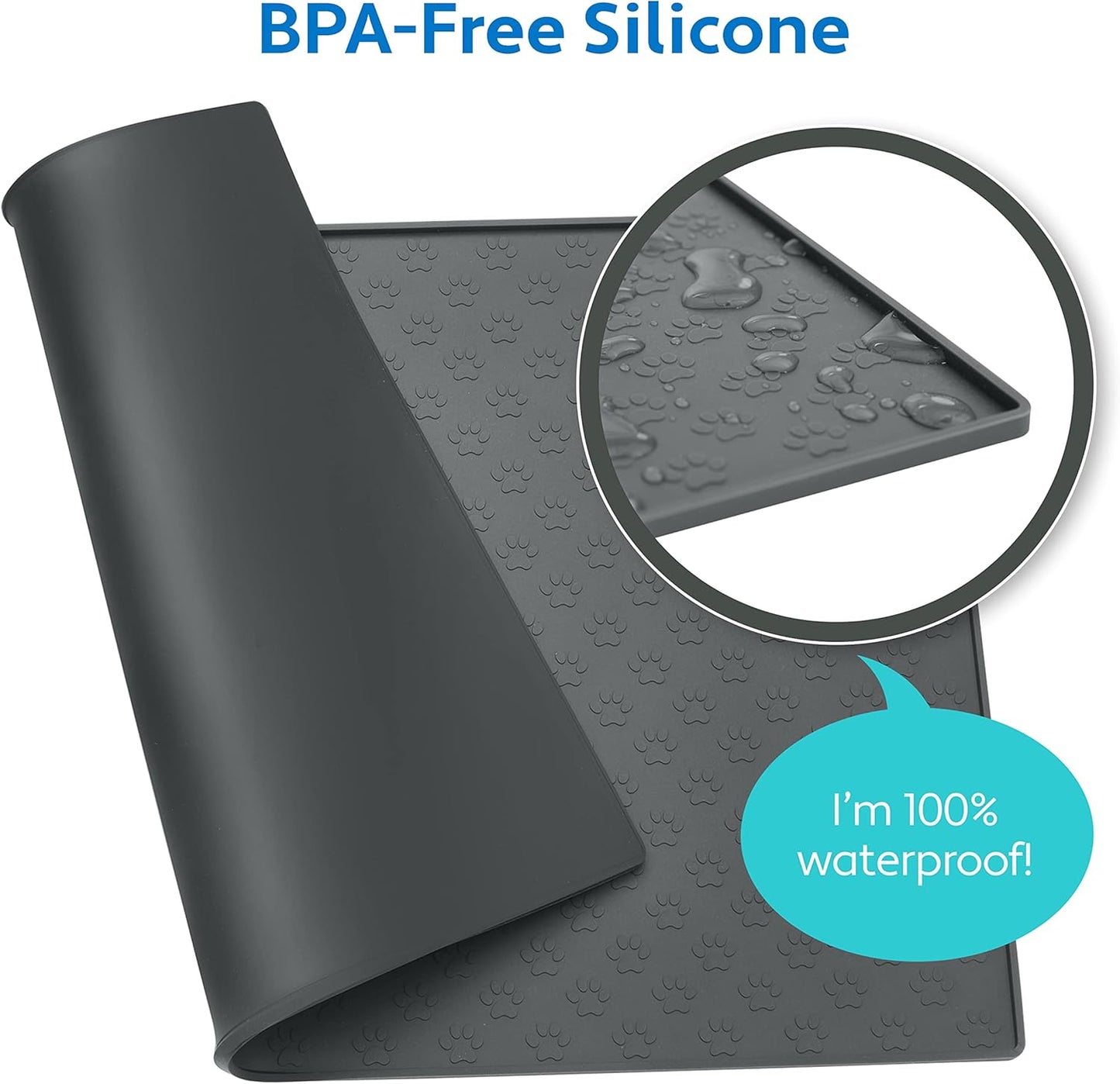 MIGHTY MONKEY 100% Waterproof Dog Food Mat, Raised Edges Silicone Pet Feeding Placemat for Cat, Dogs, Pet Bowls, High Lipped Tray Prevents Water Spills, Food on Floor, Dishwasher Safe, 24x16, Gray