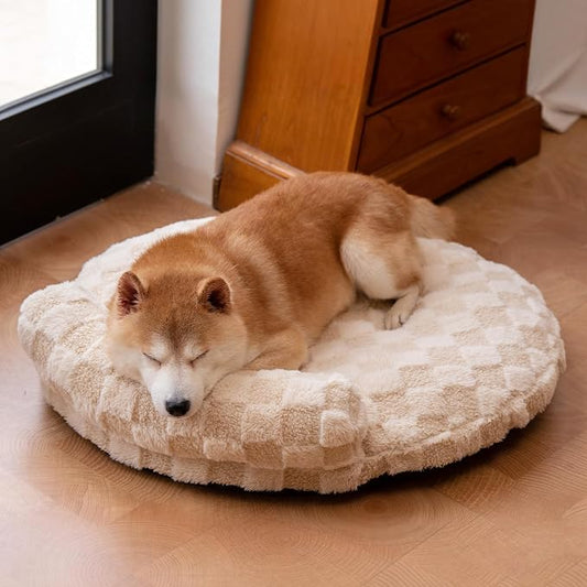 Orthopedic Dog Bed for Small Dogs and Cats Beige Oval 30x25x7 | Calming Pillow Pet Couch Sofa, Removable Washable Cover, Oval 3D Checkered Plush, Indoor