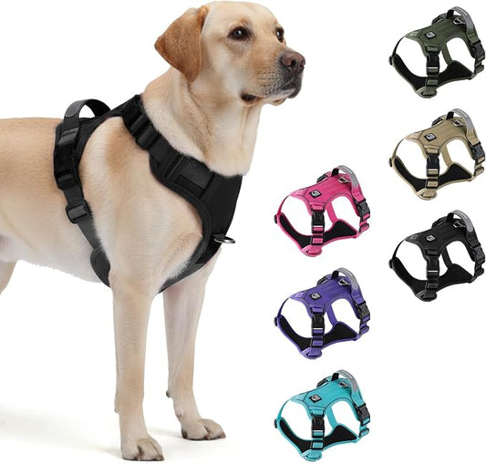 Heavy Duty Tactical Dog Harness, No Pull Dog Vest Harness with Handle & Front Clip, Reflective Soft Padded, Hook and Loop Panel, Dog Vest for Walking, Service Training, Black, Medium