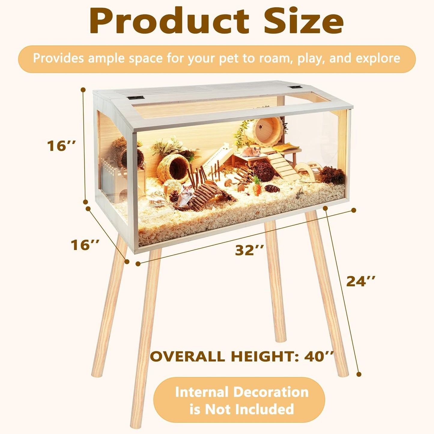 Prolee Hamster Cage with Legs Chew Proof Hamster Habitat Guinea Pig Cages, Hamster House, Hamster Cages and Habitats (32" L x 16" W x 40" H, Thick Wood Roof)