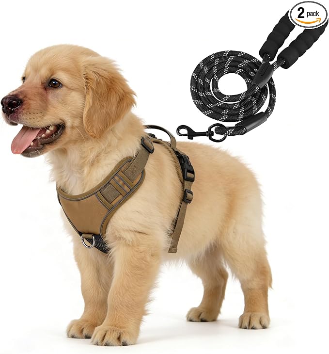 YooxArmor No Pull Tactical Dog Harness and Leash Set for Small Dogs,Khaki | Adjustable Pet Vest Harness, Reflective Easy Control for Night Walking Training
