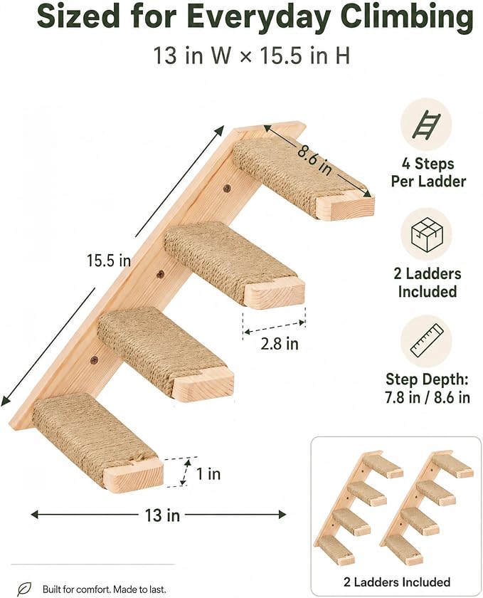 Cat Wall Shelves with Cats Window Perch – 4-Piece Wooden Cat Climbing Furniture Set with Soft Foam Curved Bed, Flat Shelf & 2 Wall 4-Steps Ladders