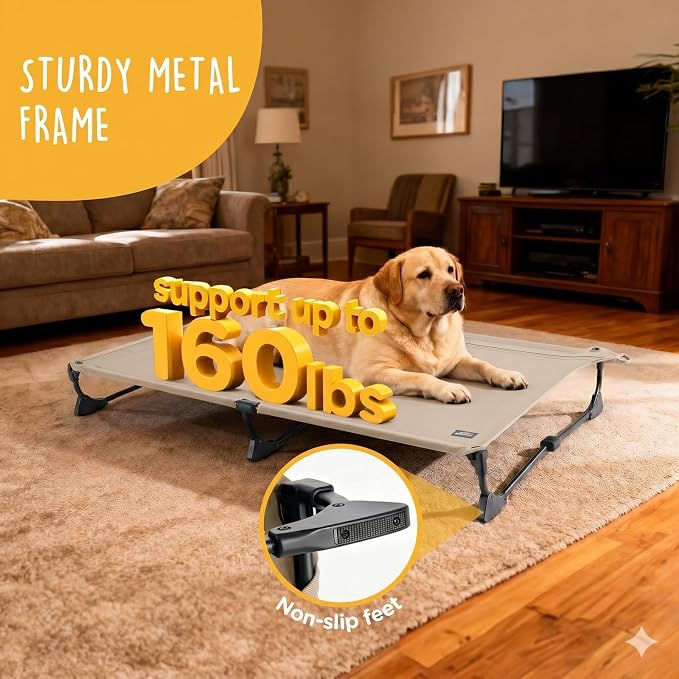 Upgraded Non-Slip Daisy Cot, XL Foldable Elevated Dog Bed, Portable Raised Outdoor Folding Dog Cot for Camping/Home, Chew Proof Waterproof Heavy Duty Up to 160 Lbs, Brown, 49"x 33"