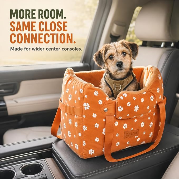 Center Console Dog Car Seat for Medium Dogs, Orange | Portable Armrest Booster With Soft Cushion Safety Belt, Up To 21 Lbs