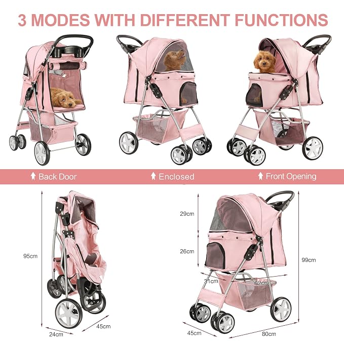 Pet Stroller for Small Dogs and CatsQuick-Folding Portable Travel Cat Dog Stroller with Storage Basket and Cup Holder, 4 Wheels, Light Pink