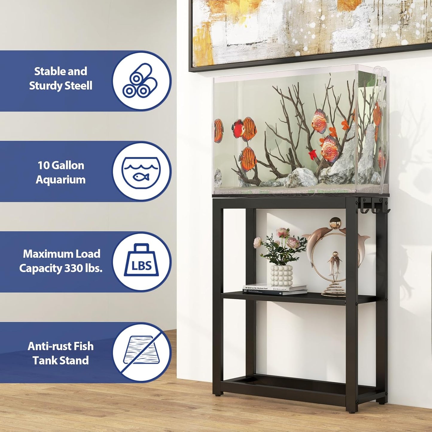 10-20 Gallon Fish Tank Stand with Storage Shelf, Aquarium Stand Measuring 24.8" W x 9.5" D x 30.1" H with Hooks,Heavy Duty Metal Turtle Reptile Tank Stand, Easy Assemble