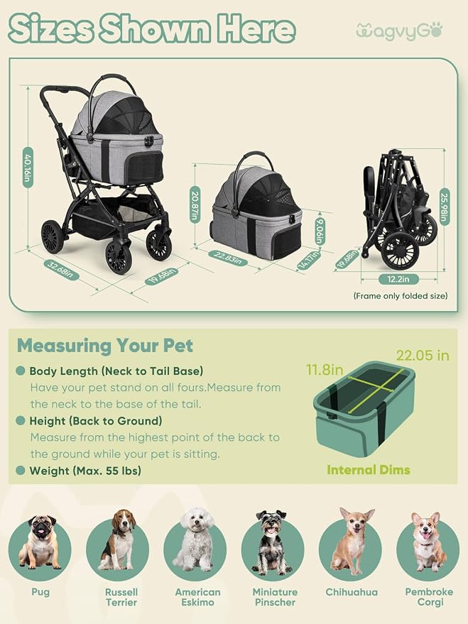 Small Dog Stroller, Pet Stroller for Small Dogs, 5-in-1 Dog Strollers - Fold All in One Without Detaching Carrier, Pet Strollers with Removable Waterproof Carrier for Dogs Cats 10 lbs 20 lbs - Grey