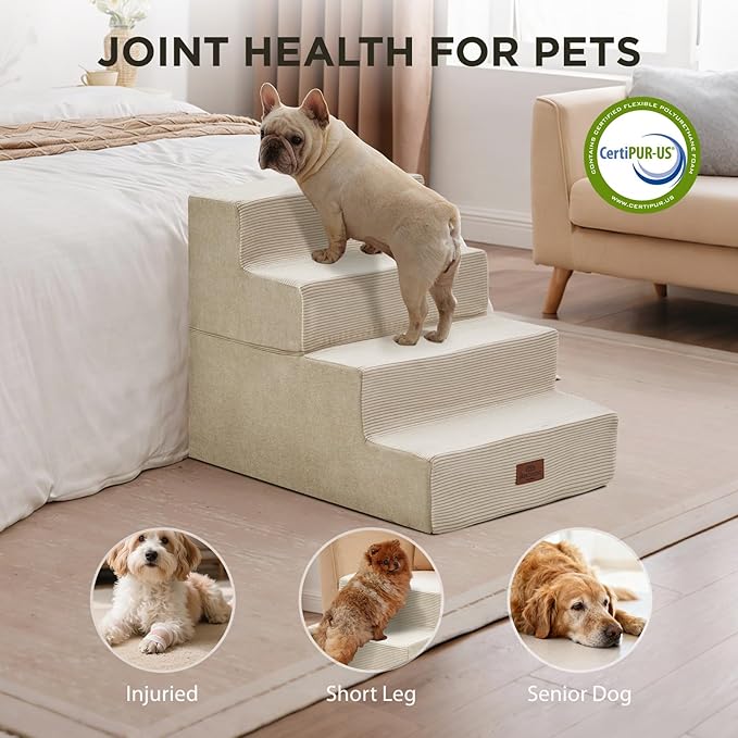Joydeco Large Dog Stairs for High Beds - Extra Wide Pet Steps for Large Dogs to Get on Tall Bed, 4-Step Cat Ramp for Couch, 20" H Beige