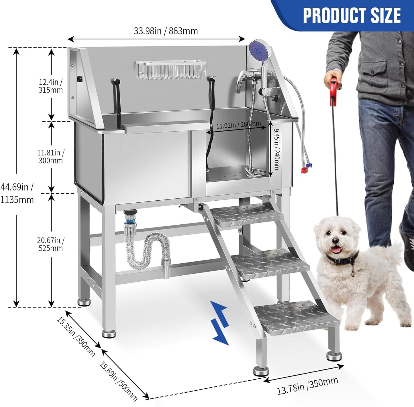 Dog Washing Station 38'' Stainless Steel Pet Grooming Tub for Large Dogs Over-Size Professional Dog Grooming Bathtub Station Wash Shower Sink Pet Grooming Bathtub Station