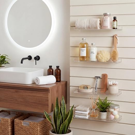 Yalikop 4 Pcs Slatwall Shelves Clear Acrylic Slatwall Shelves Organizer Wall Mounted Hanging Accessories Plastic Panel Display Shelf for Retail Store Boutique Garage Home(Fenced Style,12 x 5 Inch)