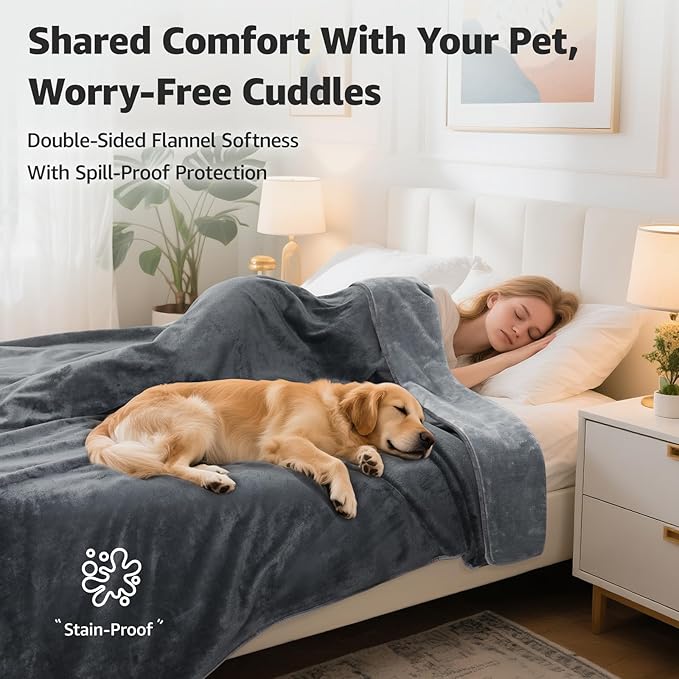 LOOBANI King Size Waterproof Blanket, Oversized Bed Cover, 85"x108", Grey | Reversible Flannel Dog Blankets for Large Dogs, Spill-Proof Couch Cover for Family Movie Nights, Camping, Travel, Noise Free