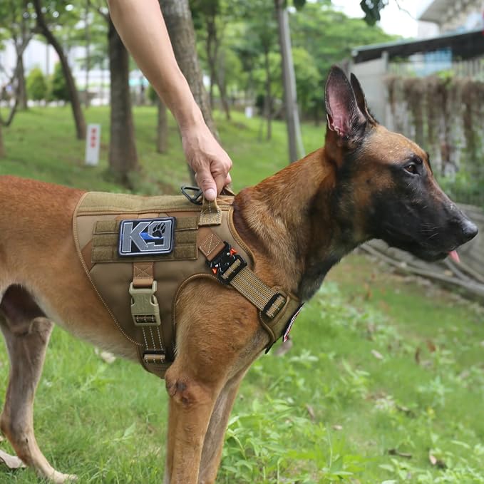 ICEFANG Tactical Dog Harness for Large Dogs,Reflective No Pull Dog Vest | with Control Handle,Adjustable,Front Hook,2 Leash Clips,Soft Padded,MOLLE Panel,Brown,Large