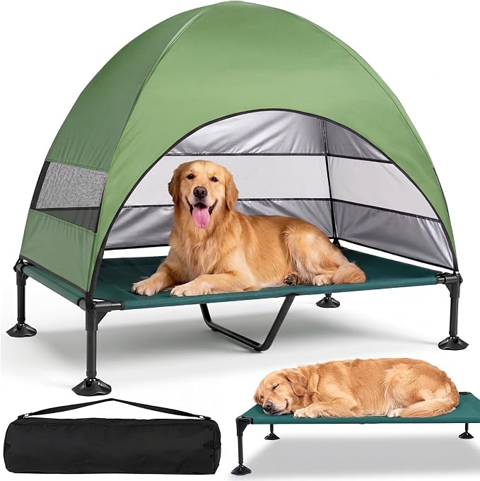 Elevated Outdoor Dog Bed with Canopy, Raised Dog Cot with Stable Adjustable Feet, Dog Camping Bed with Larger Shade, Lifted Dog Tent Bed with Canopy for Outside (Green, X-Large)