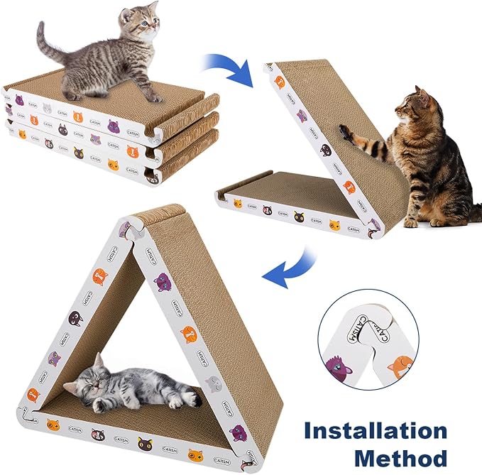 CATISM Cat Scratcher Cat Scratching Board - Foldable - Triangle, 6 Usable Sides Scratchers for Indoor Cats, Durable Recyclable Cats Cardboard Vertical(Pack of 3) | Durable recycled cardboard, non-toxic, easy assembly, 6 usable sides, with organic catni...