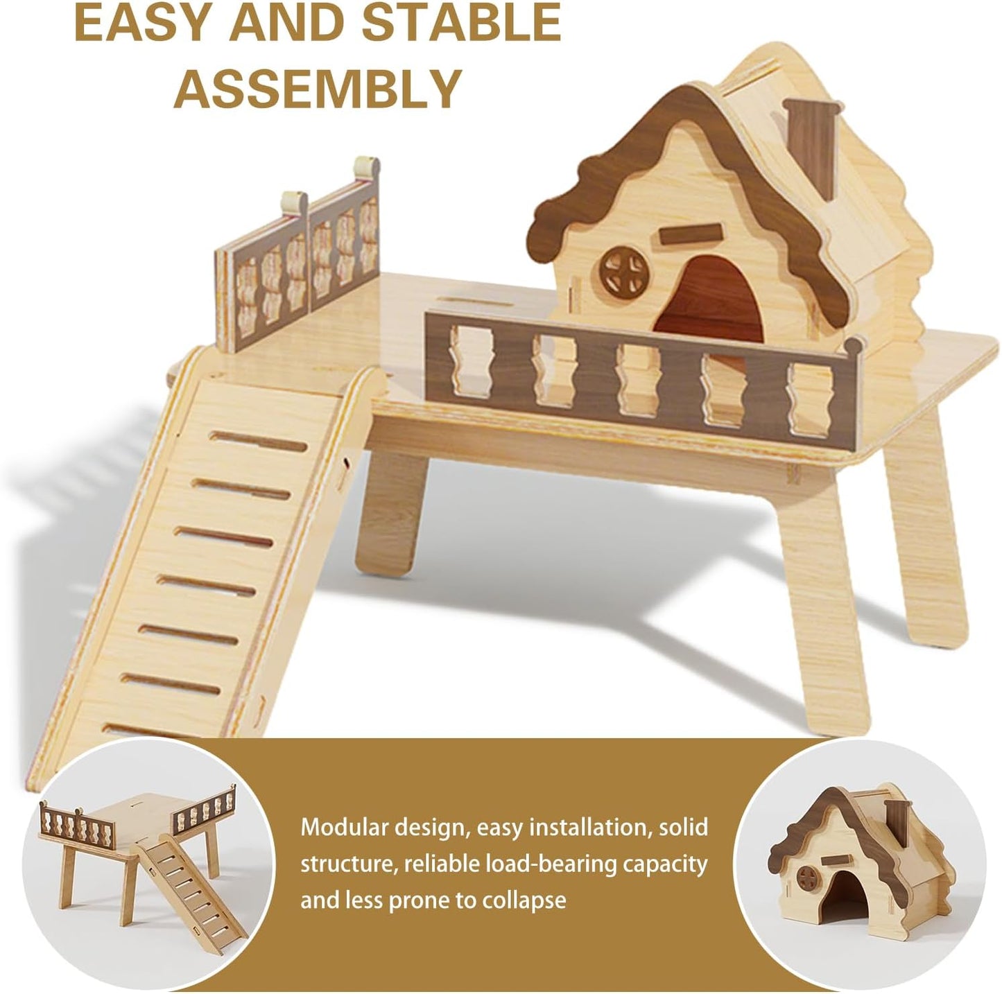 Wooden Hamster Platform and Dwarf Hamster House,Cute Syrian Hamster Tiny House Hideout,Large Balcony Lookout Holes,for Dwarf Gerbils and Mouse Mice Rat Other Small Animals(E)