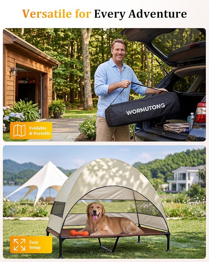 Elevated Outdoor Dog Bed with Canopy, Raised Dog Cot with Stable Adjustable Feet, Dog Camping Bed with Larger Shade, Lifted Dog Tent Bed with Canopy for Outside (Beige, X-Large)