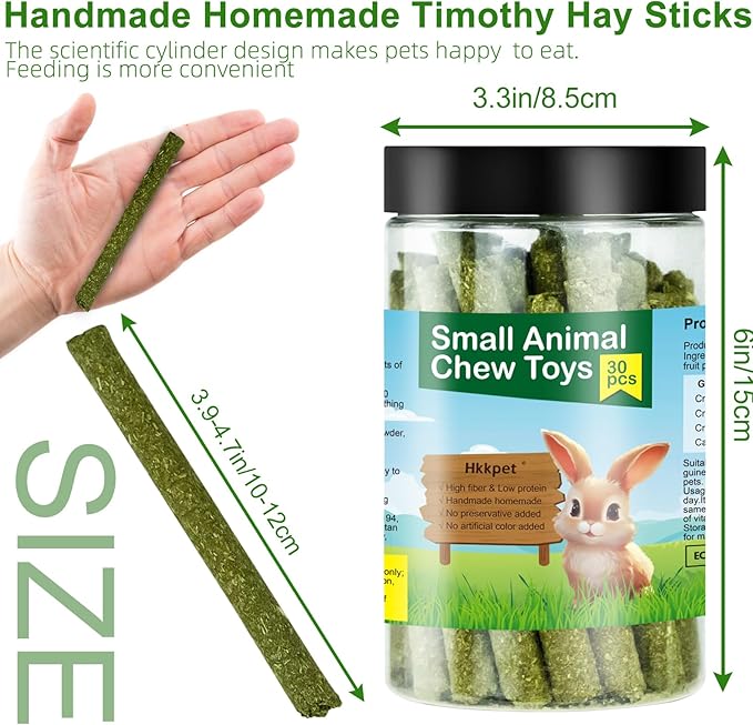 Timothy Hay Sticks for Rabbits & Guinea Pigs - 100% Natural Handmade Chew Treats for Dental Health, 30 Count Small Animal Treats for Chinchillas, Hamsters