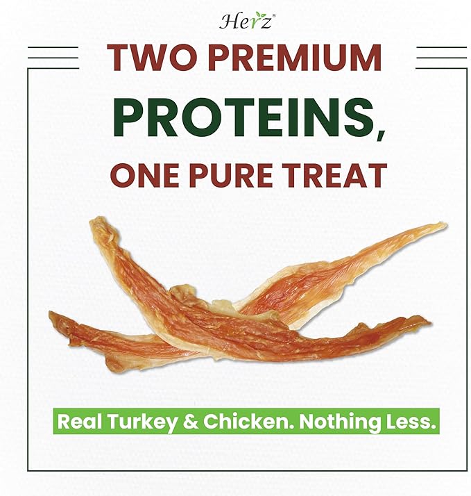 Herz Turkey Tendons for Dogs, Duo-Protein, Hypoallergenic Puppy Treats, USA-Sourced, Rawhide Free, Long Lasting Chews, Turkey Tendon & Chicken, Healthy Dog Treats for All Dogs, Strips, 3 oz Pack