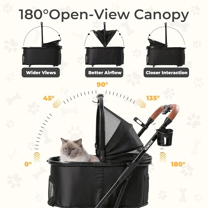 Pet Stroller for Cats and Small Dogs, Cat Strollers for 2 Cats with Detachable Carrier, Safety Leashes, Ventilated, Foldable,Pet Car Seat, All-Terrain Wheels, Storage Basket & Cup Holder, Black