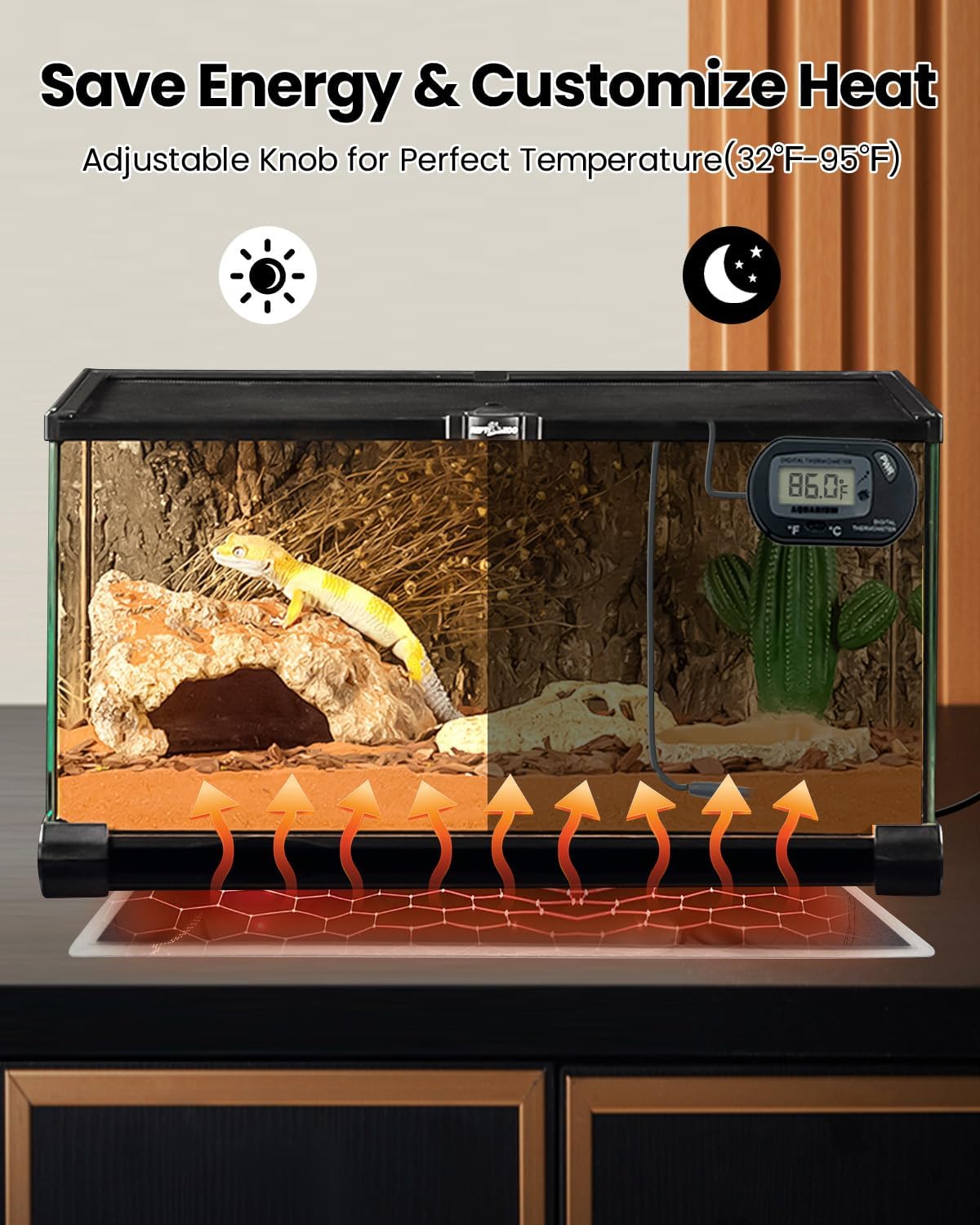 MQ Reptile Terrarium Heat Pad with LCD Digital Aquarium Thermometer, 11 x 11in Power Adjustment Under Tank Heater Mat for Pets, Small Animals, Seedling, 14W