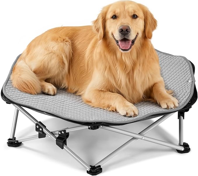 Pecute Raised Dog Bed with Cooling Mat, Elevated Pet Cot for Large Dogs, XL | Breathable Textilene Mesh, Outdoor Camping & Beach, Steel Frame,130 lbs Heavy Duty Support, Tool-free 3-second Quick Assembly
