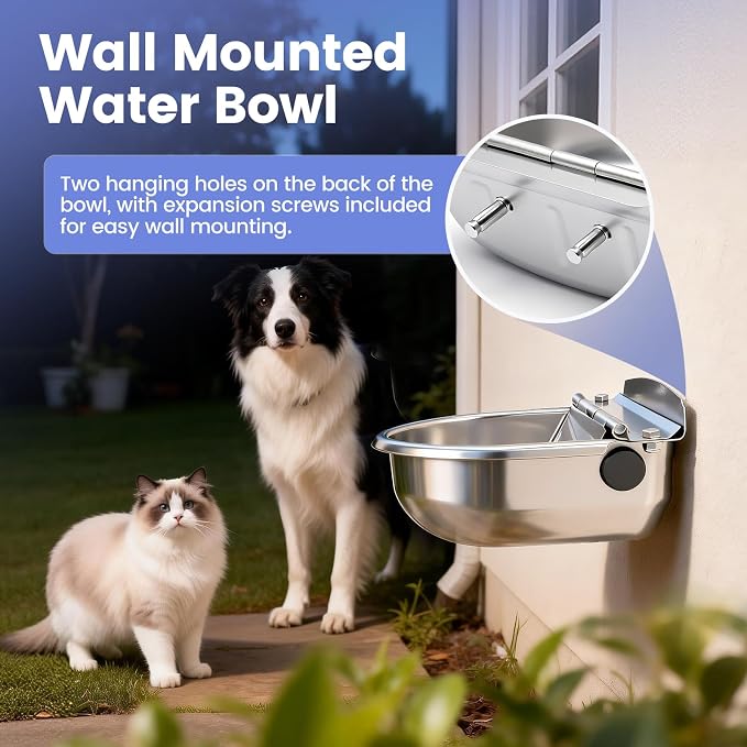 Automatic Dog Water Bowl Dispenser Outdoor, Water Dispenser for Dogs Cats, 304 Stainless Steel Waterer for Large Dogs Chicken Duck Pig Cow Goat, Wall Mountable, with Drainage Hole