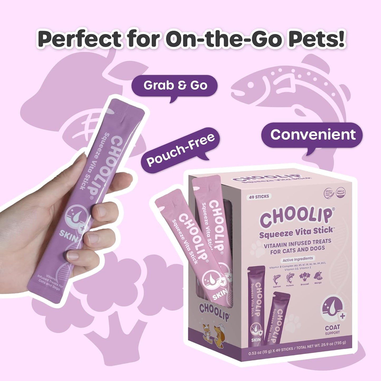 Grab & Go Squeeze Vita Stick Lickable Treats for Dogs & Cats. 49 Coat Support Sticks with Essential multivitamins. Soft and Tasty Paste for All Life Stages, Supporting Coat Health