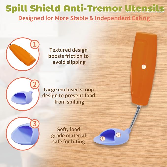 Anti-Tremor Spill Shield Spoon for Hand Tremors Parkinsons, Weighted Adaptive Utensils with Large Enclosed Scoop, Ergonomic Non-Slip Handle, Dishwasher Safe (Brown, Forward-Tilt)
