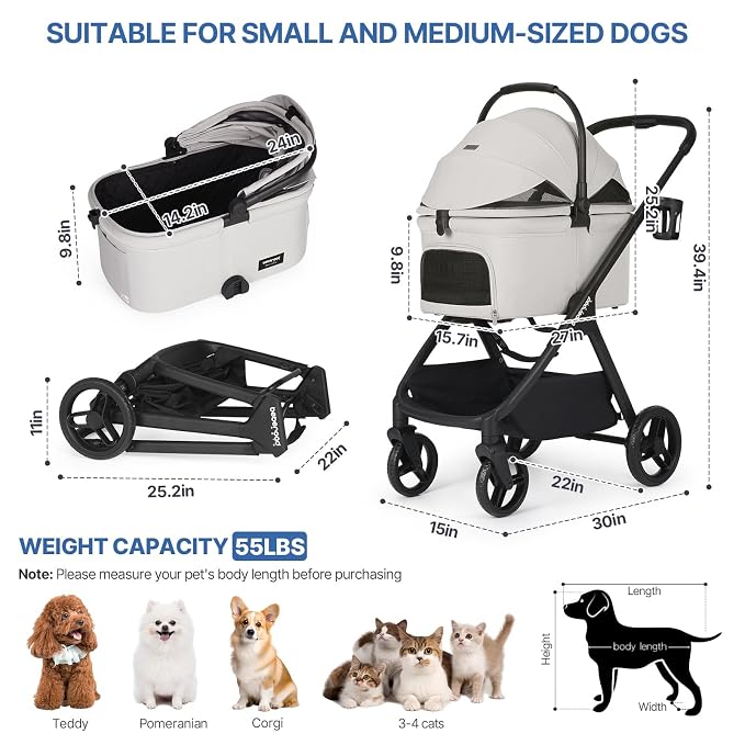 X-5 Pet Stroller for Medium Pets Up to 55 lbs, Gray | Adjustable Handle, Detachable Carrier, Convertible Car Seat, One-Touch Fold, All-Terrain Wheels, 3-in-1 Design