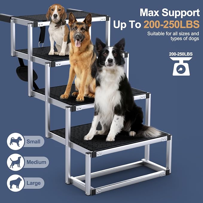 Extra Wide 20" Dog Stairs for Large Dogs, Dog Ramp for Car 4 Steps | Foldable Aluminum Dog Steps for Car with Non-Slip Surface, Dog Stairs for Cars SUV High Beds Trucks, Pet Stairs up to 250 lbs