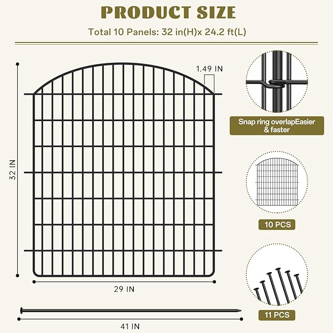 10 Panels No Dig Garden Fence with Gate, 32in x 24.2ft Decorative Dog Fence Outdoor for Yard, Tall Animal Barrier Fencing Rustproof Metal Garden Edging Border, Temporary Fencing for Outdoor, Patio