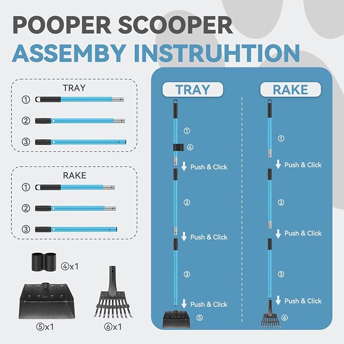 Dog Pooper Scooper, Pooper Scooper for Large Dogs Long Handle | Stainless Metal Tray and Rake, Poop Scoop Suitable for Large Dogs, Small Dogs, Suitable for Use on Grass, Dirt, Gravel (Blue)