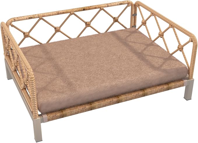 Elevated Waterproof Dog Beds with Egg Crate Foam Support Pet Bed, Outdoor Dog Sofa Bed PE Wicker Orthopedic Pet Couch Bed with Washable Removable Cushion for Medium, Small Dogs, Brown