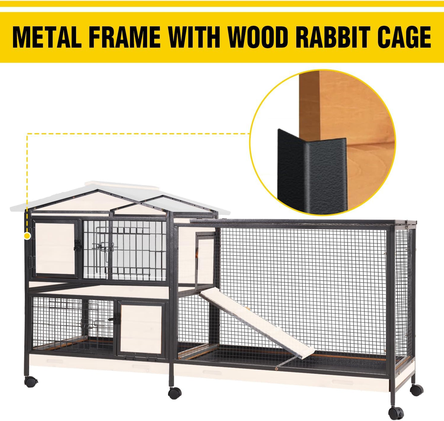 AIVITUVIN Rabbit Hutch Indoor with Metal Frame Rabbit Cage with Pull Out Tray No Leakage Bunny Cage with Wheel Guinea Pig Cage