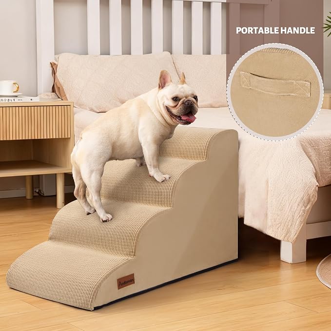 Aodisman Dog Steps for Bed or Couch,4-Step Pet Stairs Ramp for Small Dogs | 17.4" H Indoor Non-Slip Dog Stairs Help Senior Dogs,Short-Legged Breeds,Puppies and Cats to Reach Beds and Chairs,Grey,Khaki