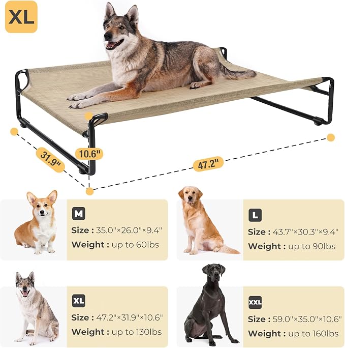 Veehoo Outdoor Elevated Dog Bed, Cooling Raised Dog Beds for Large Dogs | Washable Dog Cot with Headrest Sides, Non-Skid Feet, Breathable Mesh, Cooling Pet Hammock for Indoor or Camping, 47", Beige