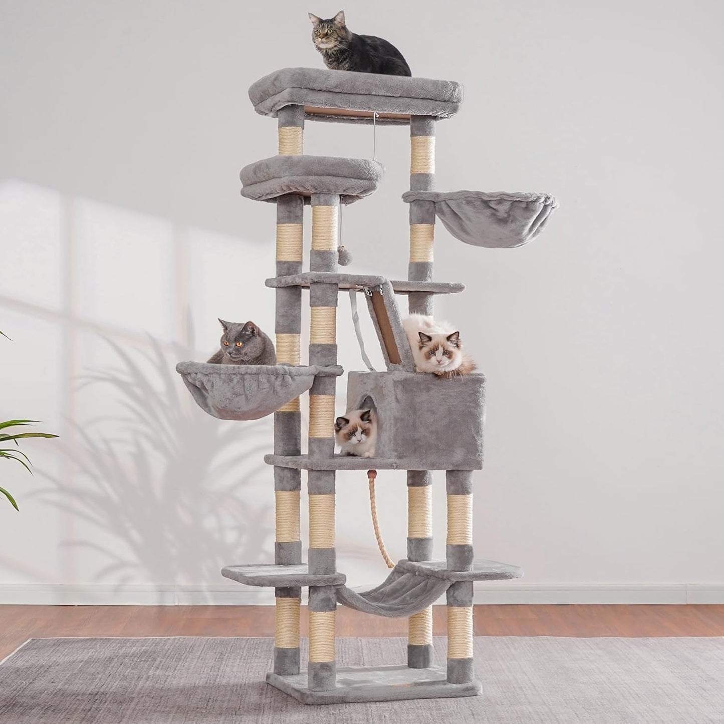 Heybly Cat Tree, 68 inch Multi-Level Cat Tower for Indoor Cats, 2 Widened Plush Perches Cat Condo with Scratching Board and Big Caves, Light Gray HCT025W