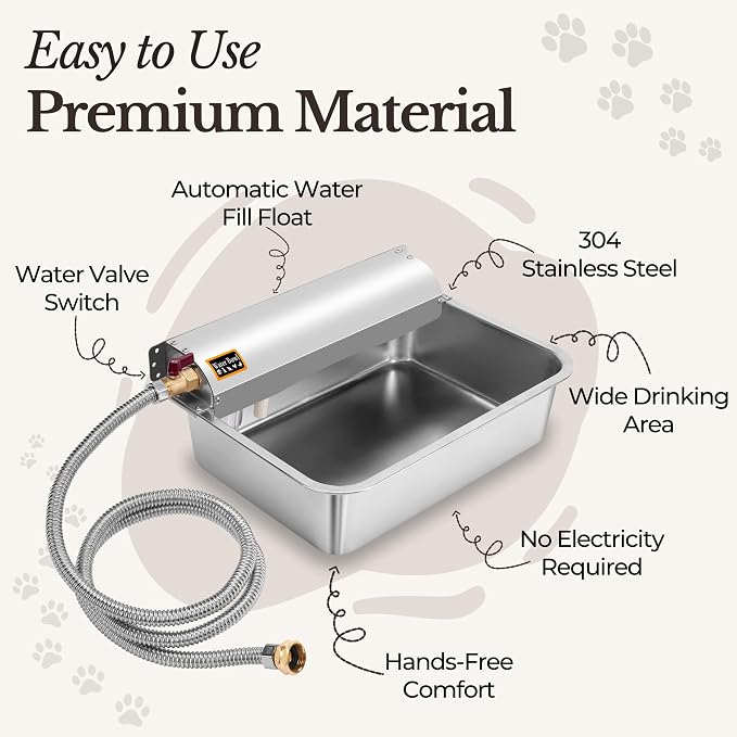 Automatic Pet Water Dispenser - 304 Stainless Steel Auto-Fill Water Bowl for Dogs - Poultry & Livestock - Float Water Level Control - 3/4" GHT Faucet Compatible - Wall Mount/Ground Use