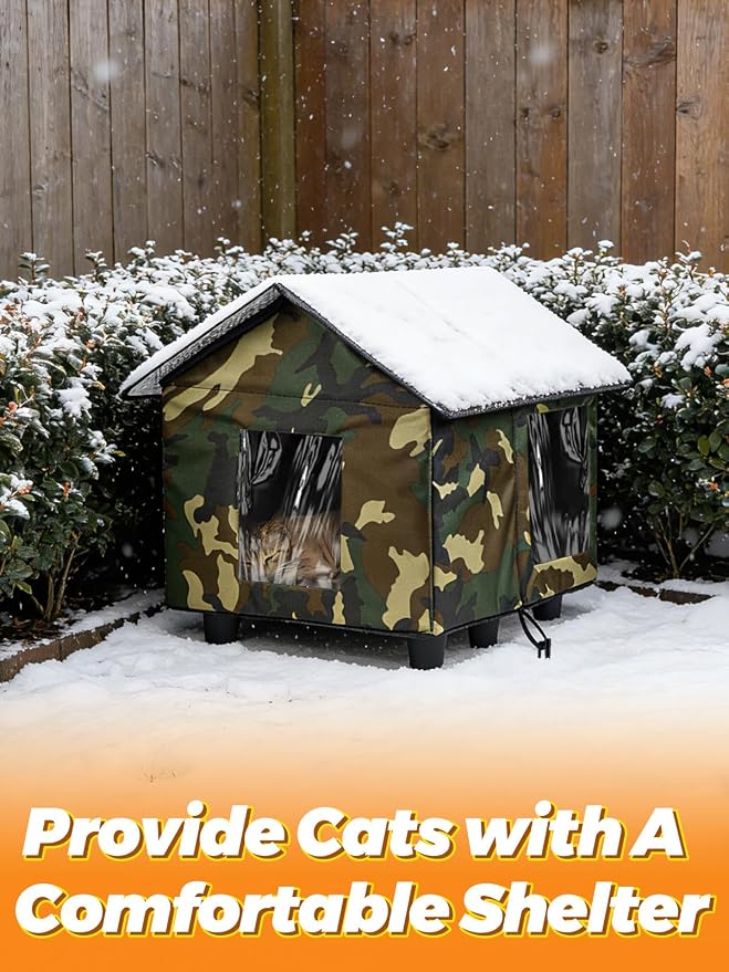 Elevated Insulated Outdoor Cat House Weatherproof - 20"x19"x17" Waterproof PVC Top & Aluminum Film Liner Camouflage Feral Cat Shelters for Keeping Cats Winter Warm, Green