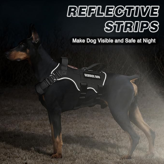 Tactical Dog Harness and Leash Set with Metal Buckles+10 Patches | Heavy Duty Service Dog Vest ,Adjustable Harness for Large Sized Dogs,No Pull Front Back Clips,for Training Hiking,Black XL