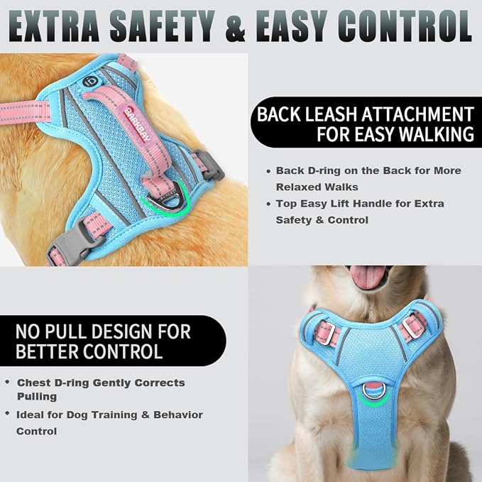 BARKBAY No Pull Dog Harness Large Reflective Dog Harness with Front Clip and Easy Control Handle for Walking Training Running with ID tag Pocket(Baby Blue & Baby Pink,XL)