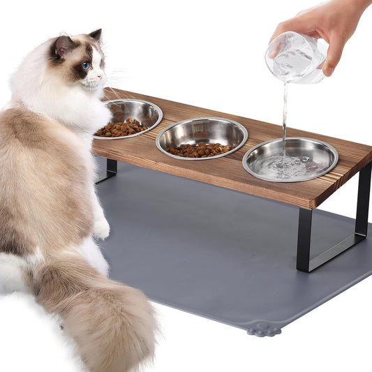 Upgraded Elevated Cat Bowls with Food Mat,15°Tilted Stand Anti Vomiting Raised Cat Dishes for Food and Water,3 Stainless Steel Bowls for Cats and Puppy（Rustic Brown）