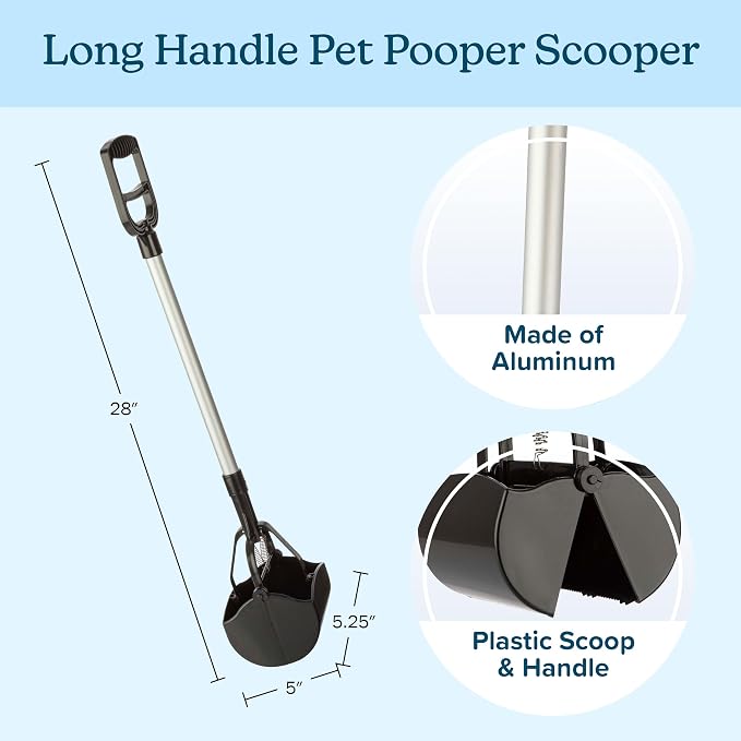PETMAKER One‑Handed Pet Pooper Scooper for Dogs and Cats, Black, 28” | Gripper Waste Picker Outdoor/Indoor Poop Scoop with Serrated Jaws, Aluminum and Plastic Sanitary Pet Waste Cleanup Tool