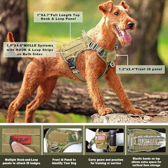 Tactical Dog Harness Large,Military Service Weighted Dog Vest Harness Working Dog MOLLE Vest with Loop Panels,No-Pull Training Harness with Leash Clips for Walking Hiking Hunting(Camo,S)