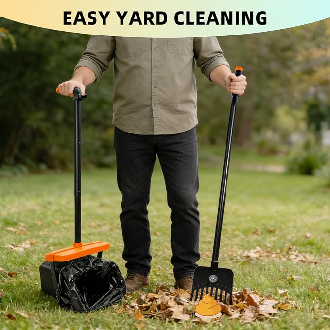 46" Pooper Scooper Swivel Bin & Rake for Large Small Dogs with Bag Attachment, Long Handle Poop Scooper with Lid for Yard (Orange)